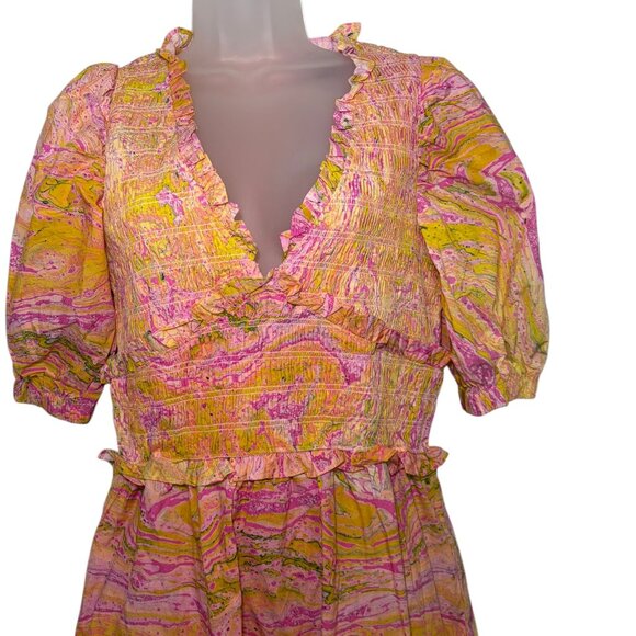 Jessie Zhao Astrid Marble Smocked Midi Dress Pink Yellow Size 2 NWT Cotton - Picture 5 of 6